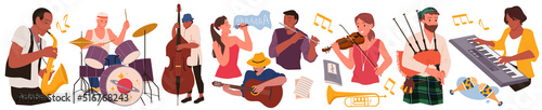 Musicians of band or orchestra with musical instruments set vector illustration. Cartoon male and female talent artists playing drum guitar piano flute saxophone violin on show isolated on white