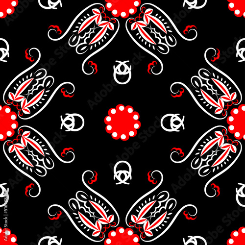 Floral three tone red black white ethnic pattern for fabric design, headscarf, hijab, tablecloth. Vector seamless contrast background.