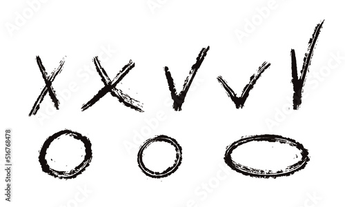 Hand drawn checkmarks crosses signs. Grunge check marks answers in test, confirmation, negation icons. Checklist marks template, voting set. Vector flat illustration isolated on white.