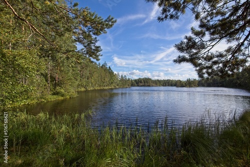 View of lake in autumn at lake Saaren-Musta, Espoo, Finland.