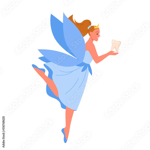 Flying tooth fairy holding tooth. Dental imaginary princess, teeth collecting myth, magical night tradition, childhood fantastic creature, teeth under the pillow vector illustration