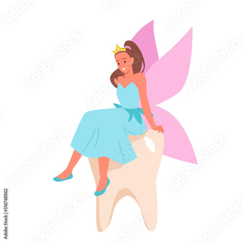 Smiling tooth fairy sitting on tooth. Collecting milk molar teeth, princess with wings and crown, flying night fairy, childhood myth, children tradition, teeth under pillow vector illustration