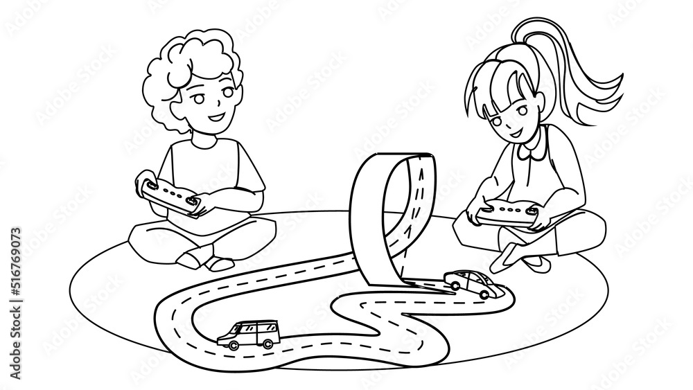 Boy And Girl Playing Car Tracks Together Vector. Preschooler Children Play Electronic Car Tracks Toy. Characters Kids Enjoying Automobile Race With Remote Control black line illustration Boy And Girl Playing Car Tracks Together Vector. Preschooler Children Play Electronic Car Tracks Toy. Characters Kids Enjoying Automobile Race With Remote Control black line illustration
