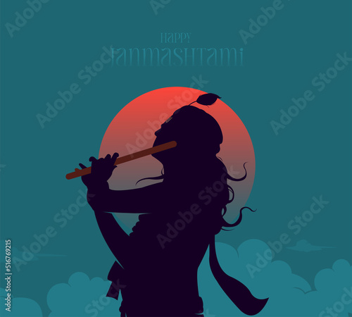 Happy Janmashtami text with Lord Krishna playing flute vector illustration, and the Indian festival Janmashtami celebration banner, digital post, poster, and card design