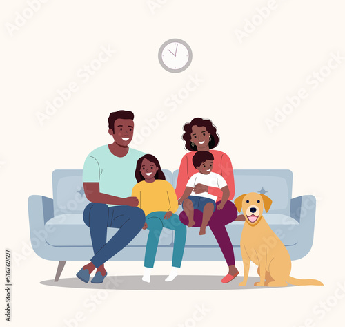 Smiling young parents and their children with dark skin on sofa in the living room. Vector flat illustration