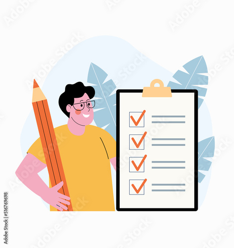 Man with big pencil standing around check list. All task check concept. Vector flat style illustration