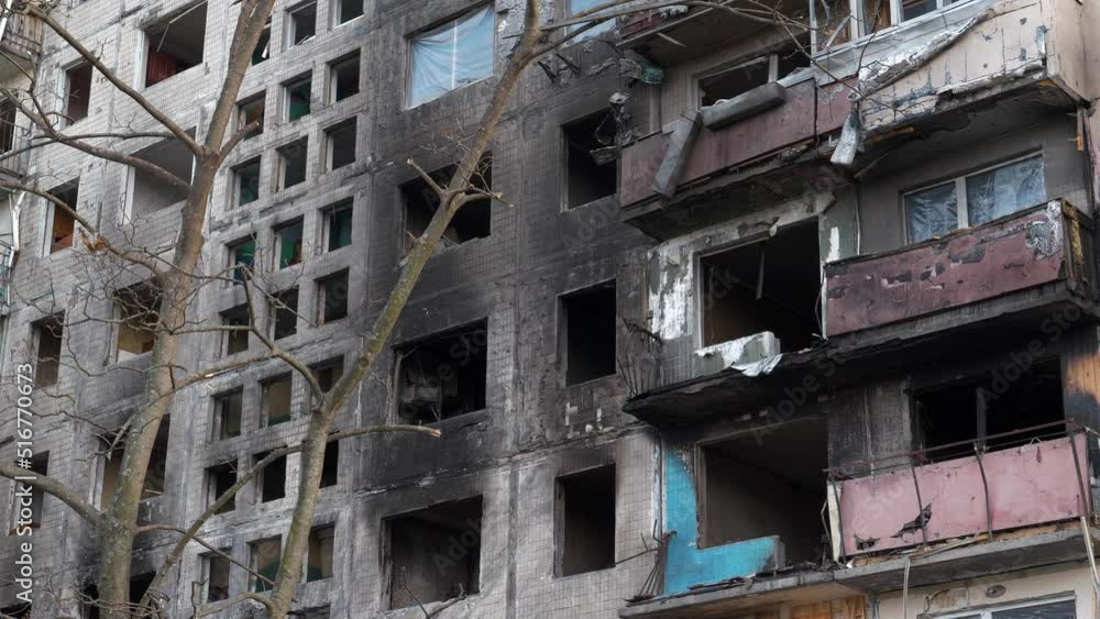 War in Ukraine. Terror and genocide of Ukrainian people. After bombing. Russian terrorist forces destroyed by shell dwelling house on Obolon in Kyiv on March 2022. Russia - terrorist country War in Ukraine. Terror and genocide of Ukrainian people. After bombing. Russian terrorist forces destroyed by shell dwelling house on Obolon in Kyiv on March 2022. Russia - terrorist country