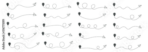 Set of dashed line paper airplane route with location icon