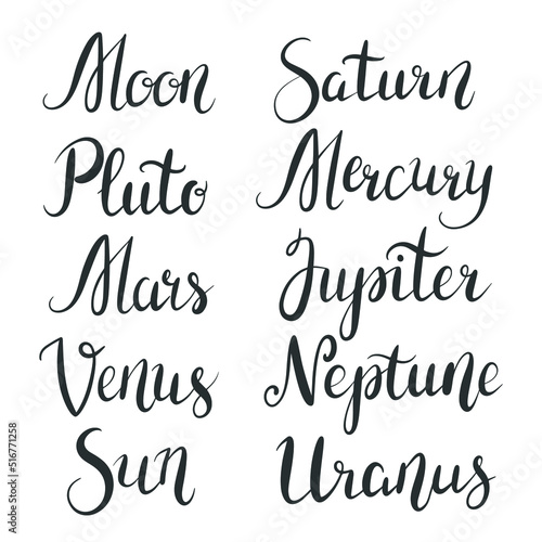 Zodiac planets hand lettering. Handwritten Venus, Uranus, Saturn, Sun, Neptune, Pluto, Mercury, Moon, Jupiter, Mars calligraphy set