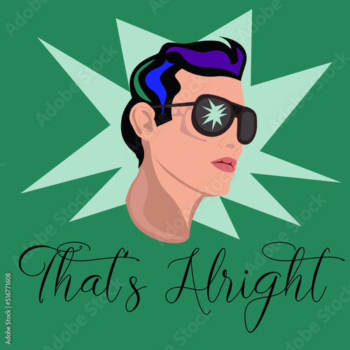 Flat illustration of a guy in glasses with multi-colored purple-black-blue hair on a turquoise background with an inscription "That's alright".