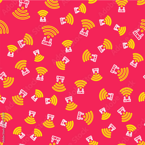Line Router and wi-fi signal icon isolated seamless pattern on red background. Wireless ethernet modem router. Computer technology internet. Vector