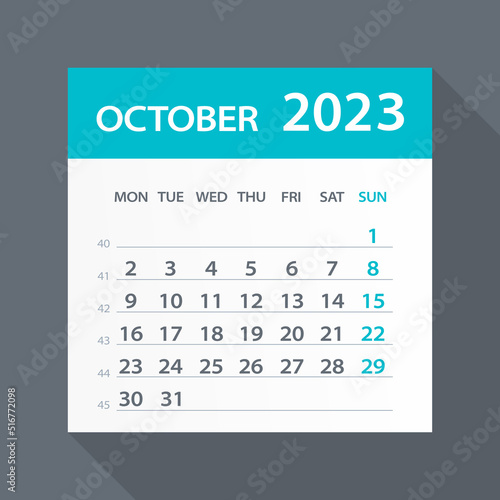 October 2023 Calendar Green Leaf - Vector Illustration. Week starts on Monday