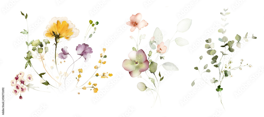 Set watercolor arrangements with garden flowers. bouquets with pink, yellow wildflowers, leaves, branches. Botanic illustration isolated on white background. - obrazy, fototapety, plakaty 