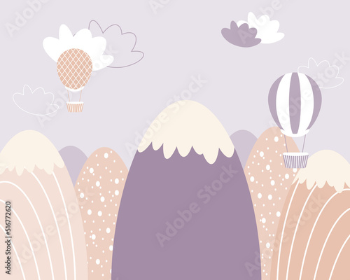 Children`s hand drawn color mountain illustration with aerostat in scandinavian style. Mountain landscape and clouds. Kids wallpaper. Mountainscape, baby room design, wall decor. Hot air balloon