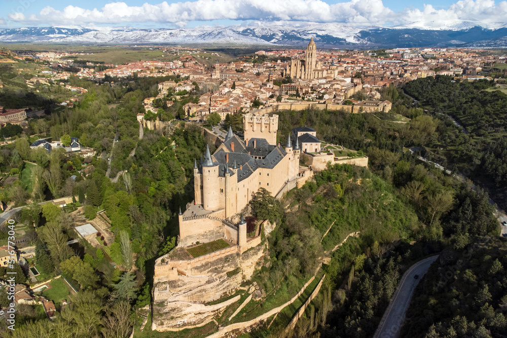 Aerial view of Segovia Alcazar, famous landmark in Segovia, Spain. High quality photography. 