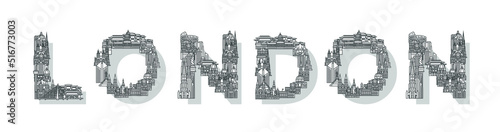 Vector illustration of the London city consisting of buildings and houses. Trendy linear lettering. Suitable for web  advertising  posters  banners and brochures.