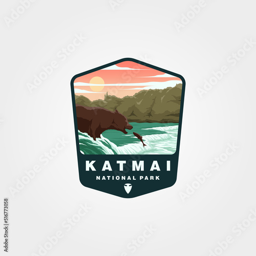 katmai national park sticker patch logo design, wild bear eat catch fish illustration design