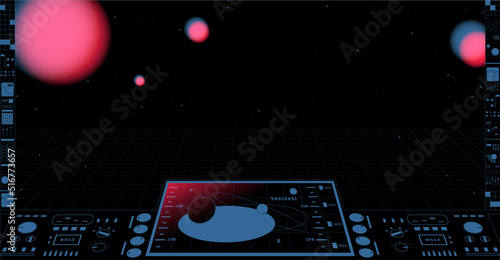 Control interface panel of spaceship interior and cosmic planet voyage view and perspective lines, cockpit view inside, vhs 80s vibe