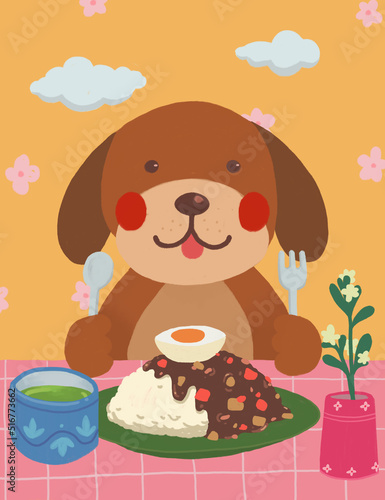 Cute dog and japanese rice and curry meal with green tea and flowers vase illustration  hand drawn digital painting rough texture style