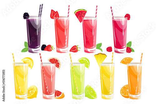 A set of berry and fruit juices.Raspberry, watermelon, strawberry, blackberry, orange, grapefruit, pineapple, etc. juices in tall glasses.Summer refreshing drinks with berries and fruits.