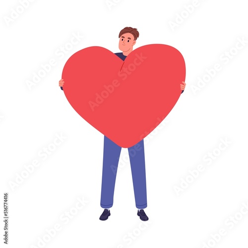 Happy man with big heart in hands. Guy hugging valentine gift. Love feeling, solidarity, charity, generosity concept. Kind generous person. Flat vector illustration isolated on white background