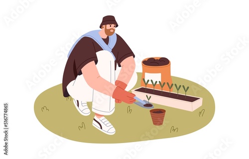 Person replanting plants, sprouts in pot. Man and garden, farm works with seedlings, seed bed. Guy growing, caring about crops and soil. Flat graphic vector illustration isolated on white background
