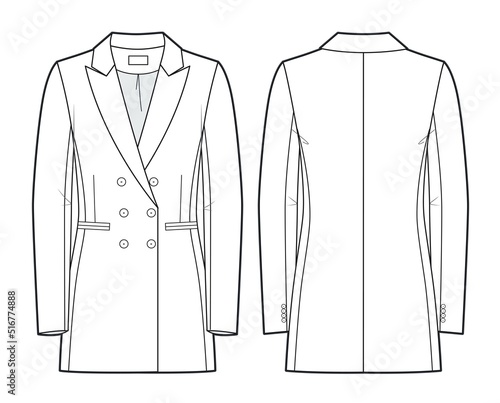 Сlassic Jacket technical fashion illustration, double breasted. Flat apparel template front view, back view, white color. Women, men, unisex CAD mockup.