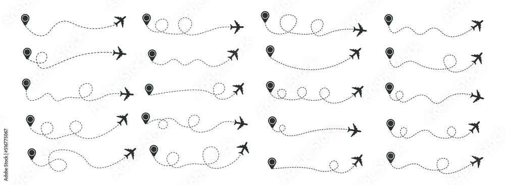 Set of dashed line airplane route