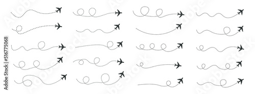 Set of dashed line airplane route