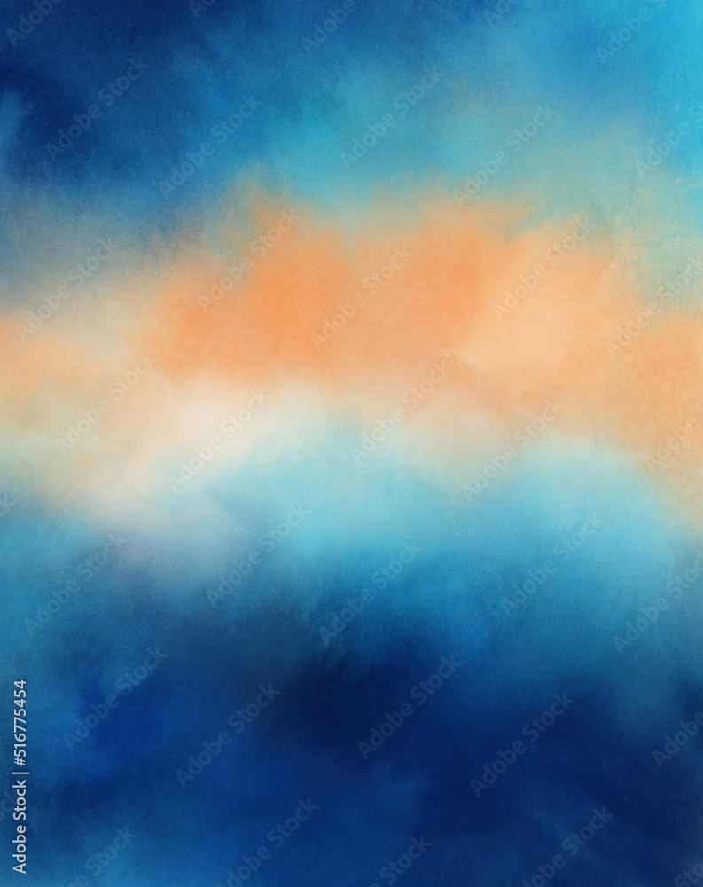 Beautiful aquarelle background. Versatile artistic image for creative design projects: posters, banners, cards, magazines, covers, prints, wallpapers. Modern art. Blue and orange colours.