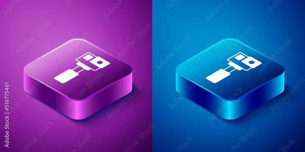 Isometric Action extreme camera icon isolated on blue and purple background. Video camera equipment for filming extreme sports. Square button. Vector Isometric Action extreme camera icon isolated on blue and purple background. Video camera equipment for filming extreme sports. Square button. Vector
