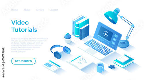 Video tutorials. Distance education E-learning. Online courses, lessons, webinars. Internet studying, training. Isometric illustration. Landing page template for web on white background.