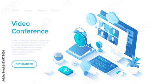 Video conference. Video call of group of people. Online communication. Distance meeting of colleagues. Isometric illustration. Landing page template for web on white background.