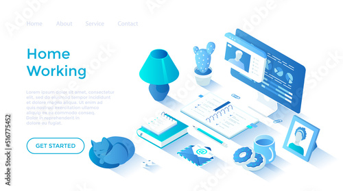 Home working. Remote workplace. Freelancing concept. Visual online communication via video conferencing. Isometric illustration. Landing page template for web on white background.