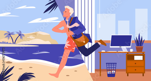 Office worker running from workplace to summer sand beach and tropical sea vector illustration. Cartoon businessman character in hurry to travel and rest background. Vacation, weekend concept