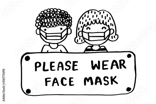 Kids wear mask with text Please Wear Face Mask , cartoon doodle hand draw