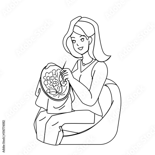 embroidery vector. design woman hobby, thread stitch, fabric fashion craft embroidery character. people black line pencil drawing vector illustration