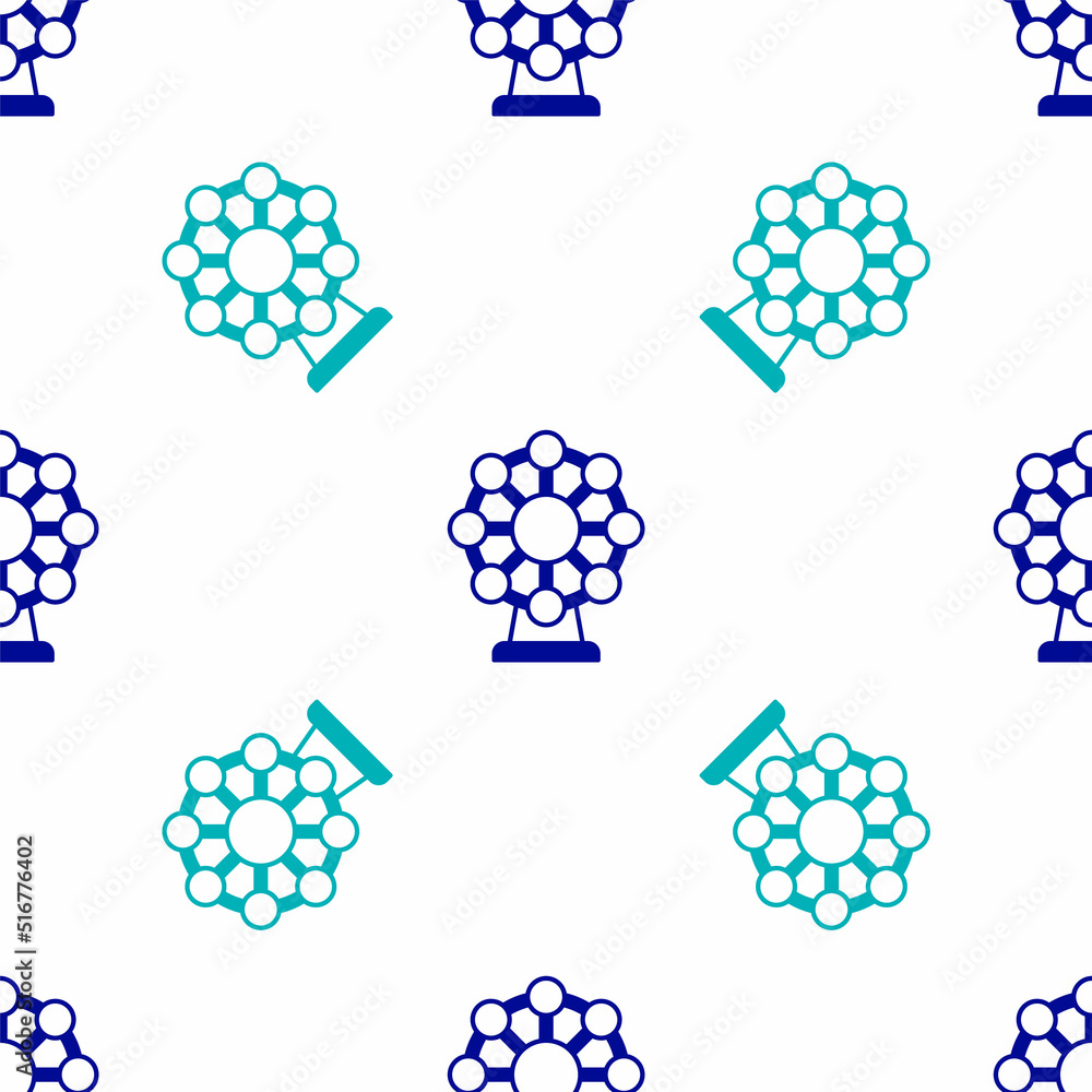 Blue Ferris wheel icon isolated seamless pattern on white background. Amusement park. Childrens entertainment playground, recreation park. Vector Blue Ferris wheel icon isolated seamless pattern on white background. Amusement park. Childrens entertainment playground, recreation park. Vector
