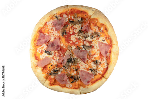 Tasty pizza with ham and mushrooms isolated on a white background. Sliced ham pizza overhead view.