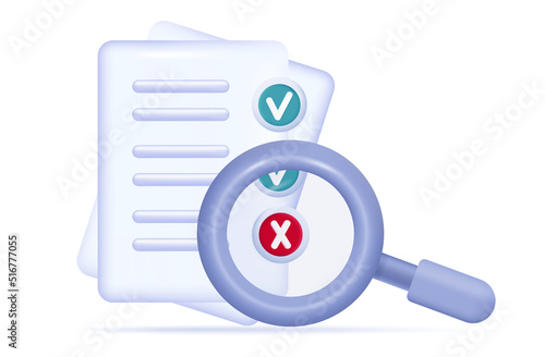 3d paper questionnaire. Survey form document, page, check list. Positive or wrong test, exam, quiz. Question and answer selected and check mark. The result of a survey form, report, scheduler. Vector
