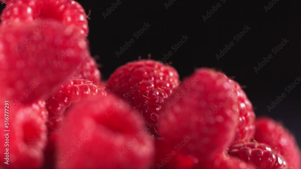 Ripe juicy Raspberry rolling above many Raspberries Ripe juicy Raspberry rolling above many Raspberries