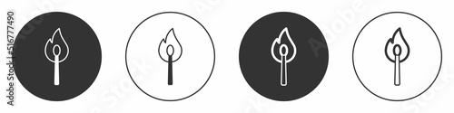 Black Burning match with fire icon isolated on white background. Match with fire. Matches sign. Circle button. Vector
