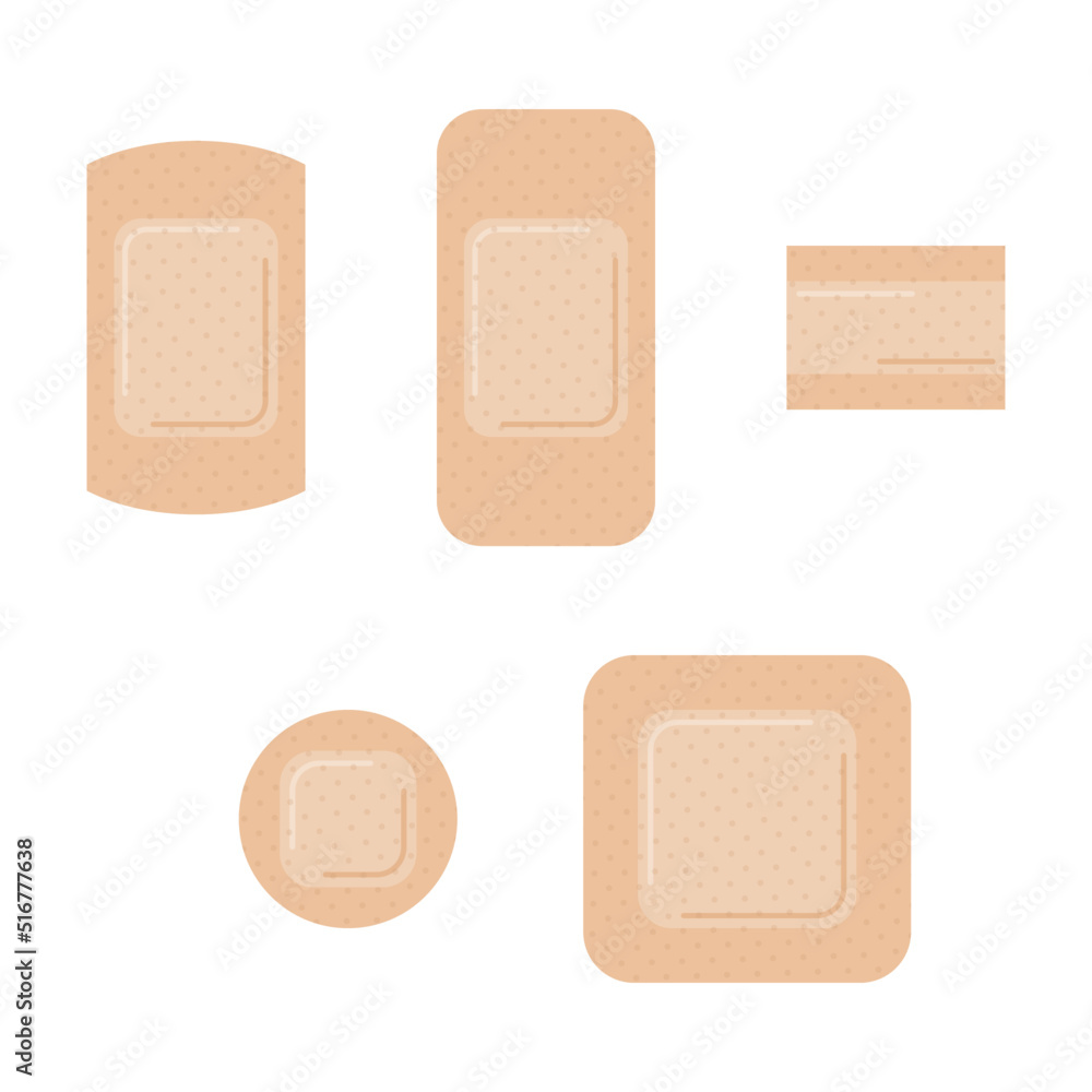 Vector set of medical patches. Plasters for cuts, wounds, or corns. 