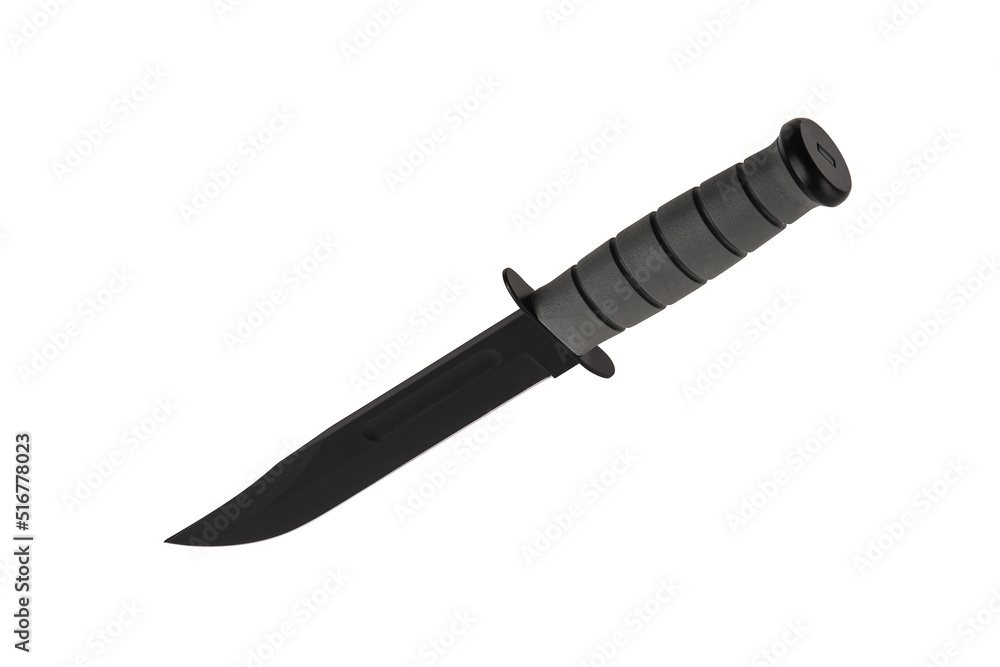 Modern hunting knife with black blade and rubber handle. Steel arms. Isolate on a white back. Modern hunting knife with black blade and rubber handle. Steel arms. Isolate on a white back.
