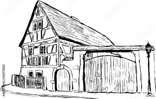 sketch of an old farmbuilding in Dresden  Saxony  germany
