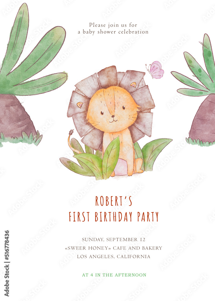 Lion character baby shower invitation template Stock Illustration ...