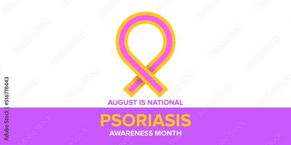 Psoriasis awareness month concept horizontal banner design template with yellow and violet ribbon and text. August is national Psoriasis awareness month vector flyer or poster background