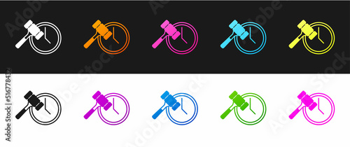 Set Auction hammer icon isolated on black and white background. Gavel - hammer of judge or auctioneer. Bidding process, deal done. Auction bidding. Vector