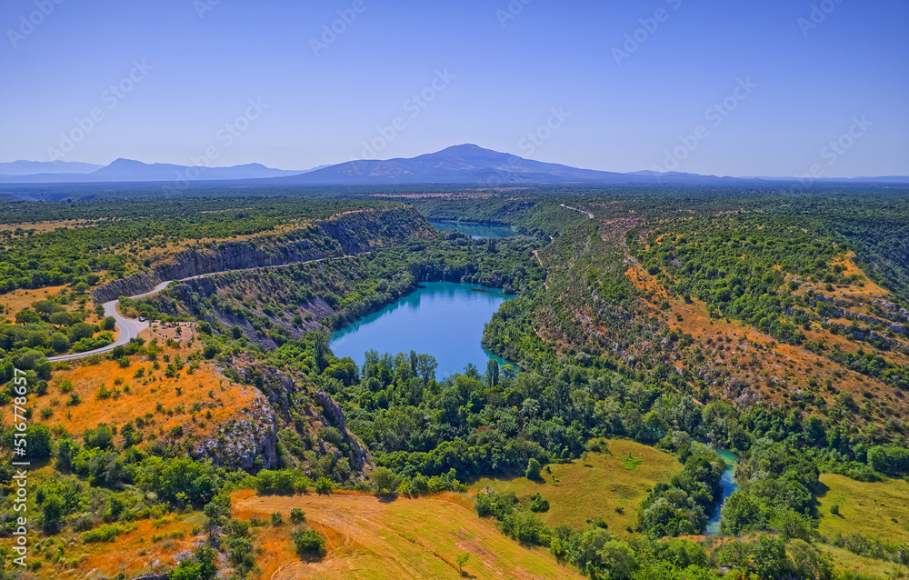 Aerial view of Brljan lake in Croatia in canyon of the Krka River