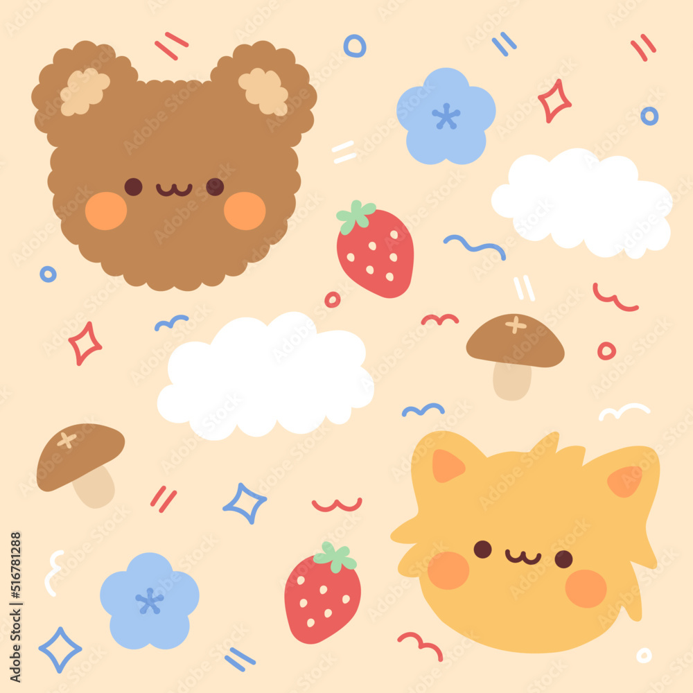 Fototapeta premium A set of cute illustrations with a bear cat mushrooms strawberry cloud and flowers 
